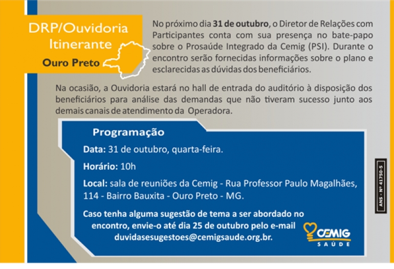 Cemig Saúde realiza DRP Ouvidoria Itinerante em Itabirito, nesta quarta-feira (31), à tarde